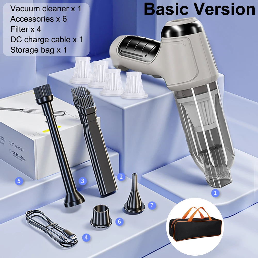 Basic version cordless handheld car vacuum cleaner with cleaning accessories, filter, USB charging cable and storage bag