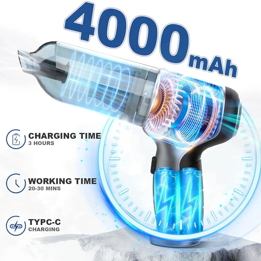Cordless handheld car vacuum cleaner with 4000mAh rechargeable battery and USB Type-C charging
