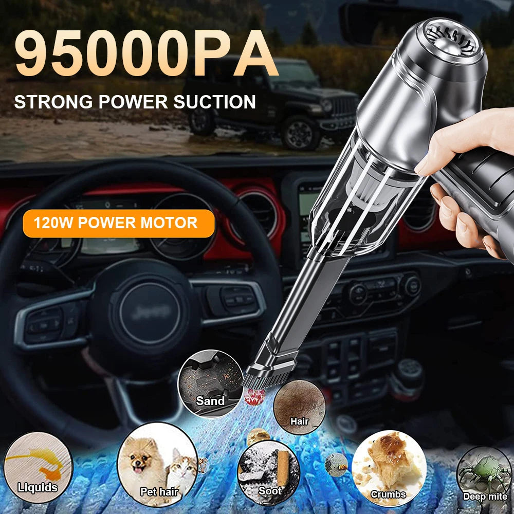 Portable cordless car vacuum cleaner cleaning car interior with powerful suction