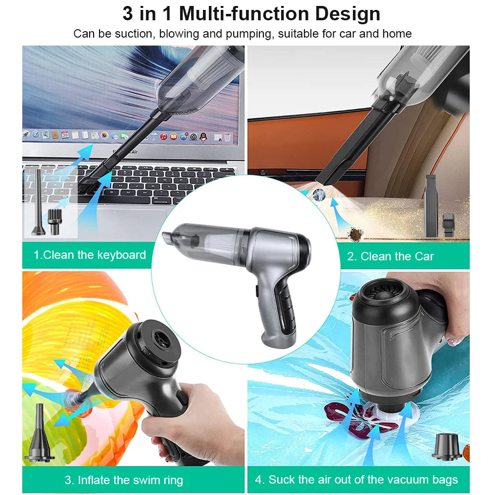 3-in-1 cordless handheld vacuum cleaner for car cleaning, keyboard cleaning, air inflation and vacuum storage bags