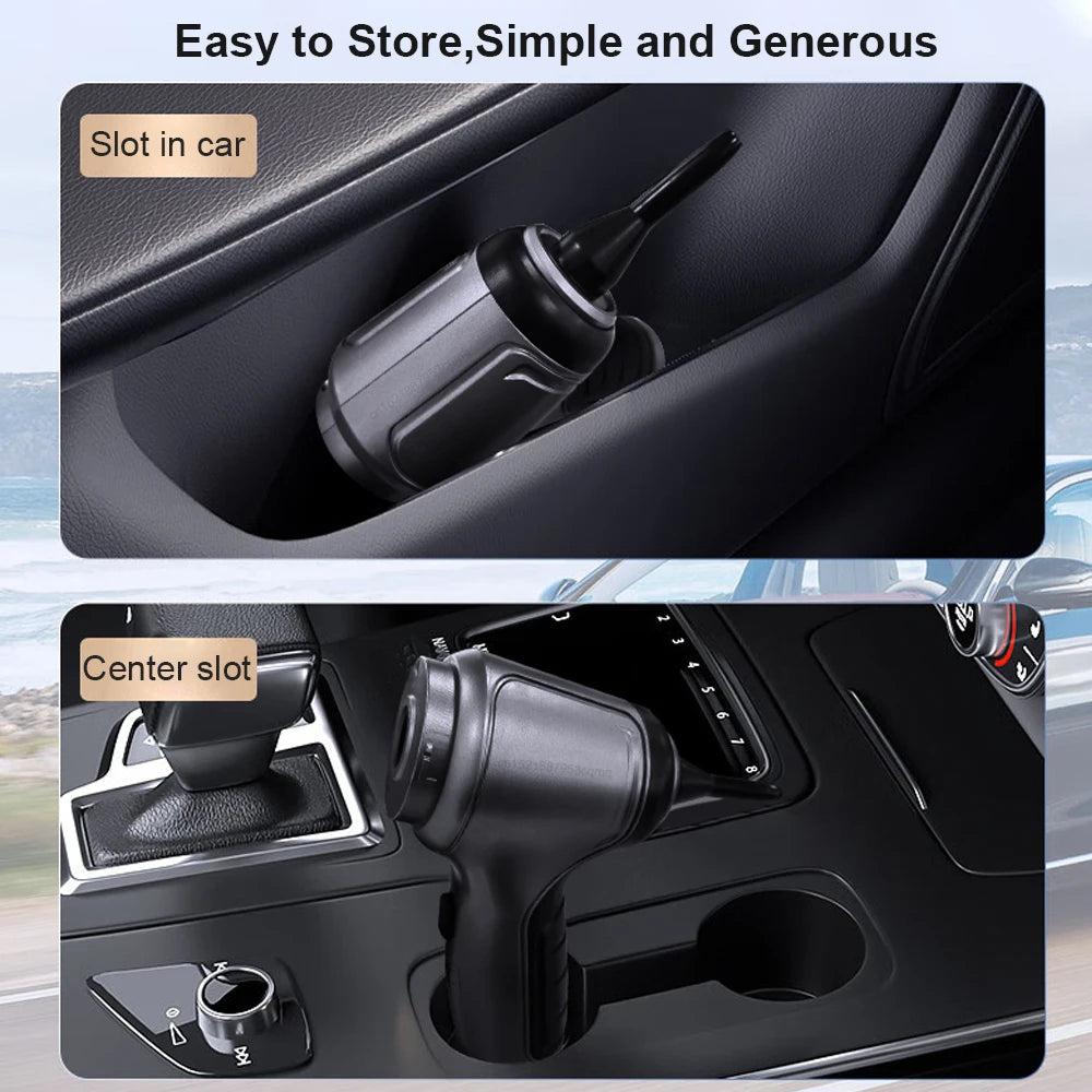 Compact cordless car vacuum cleaner stored in car door pocket and cup holder