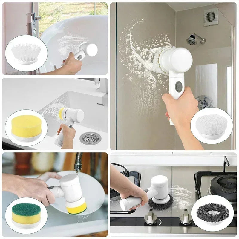 Cordless electric spin scrubber cleaning bathroom tiles, shower, sink and kitchen surfaces