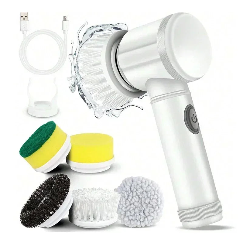 Cordless electric spin scrubber with 5 replaceable brush heads for bathroom and kitchen cleaning